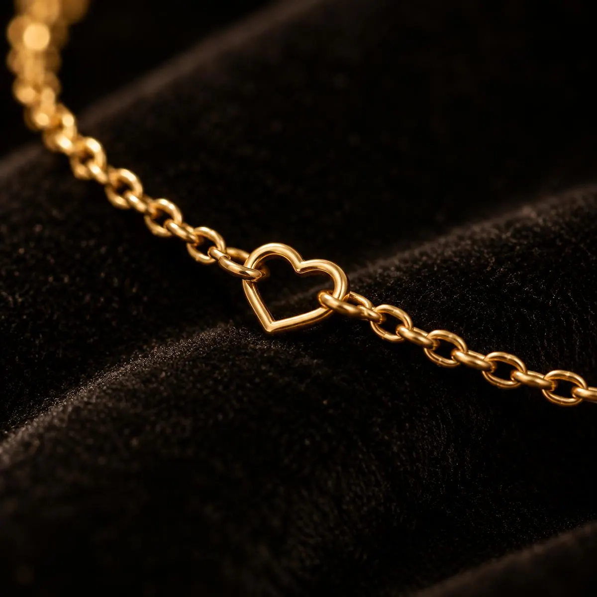 Gold chain with an open heart link on black velvet