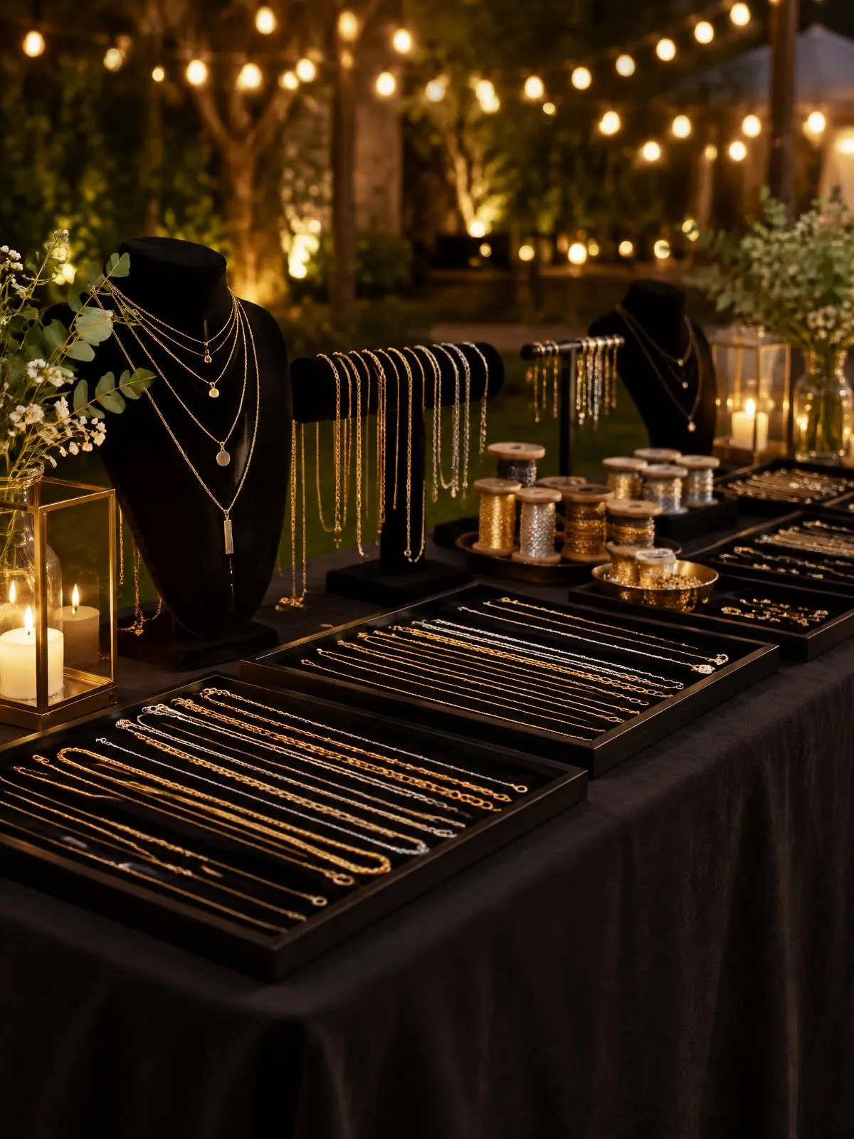 Elegant pop-up jewelry table at night with warm string lights