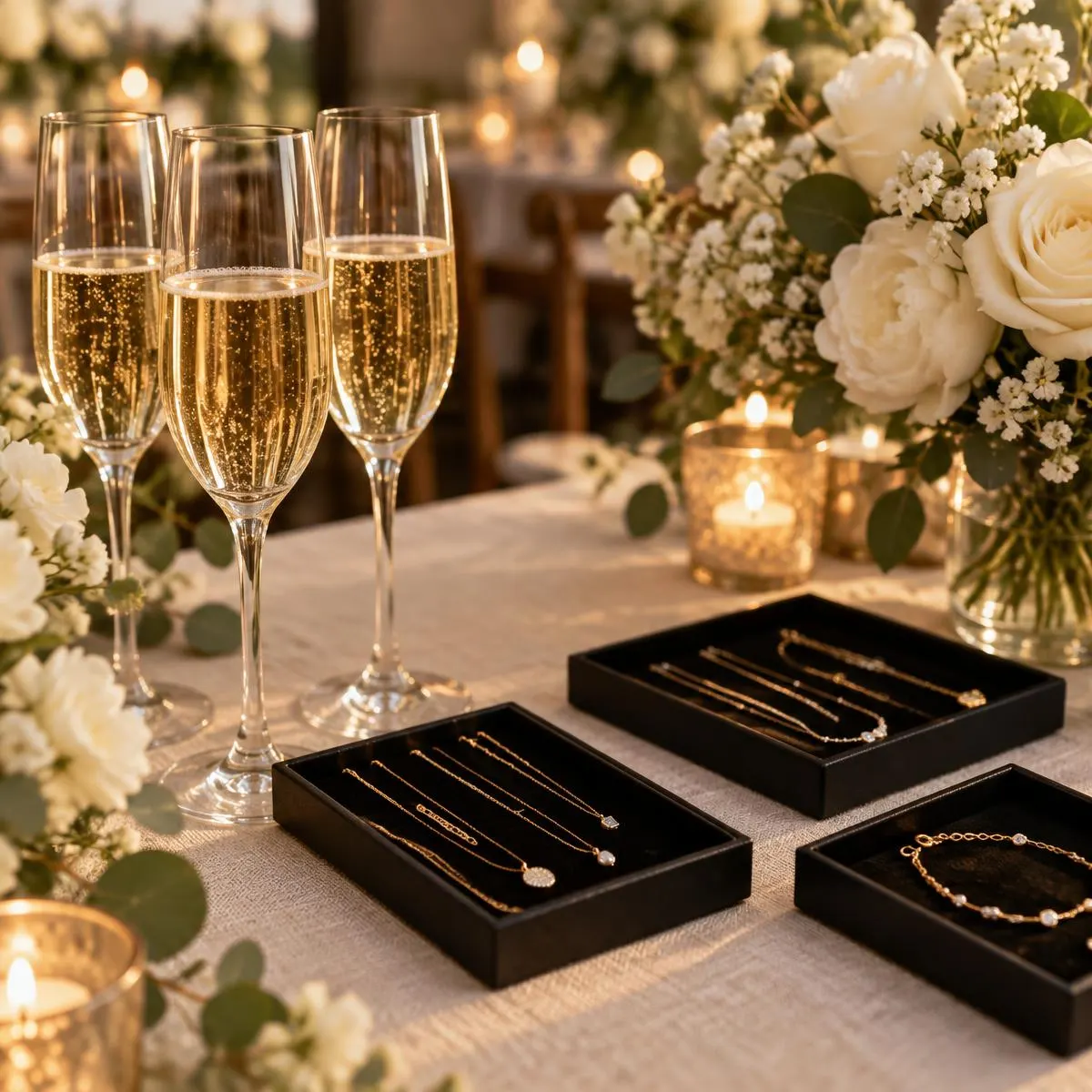 Champagne glasses and jewelry trays at a bridal shower table