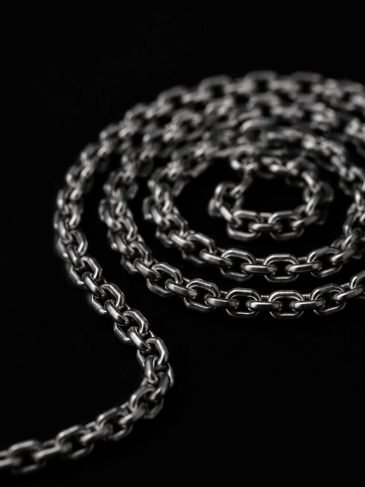 Macro of a stainless steel chain coiled on black
