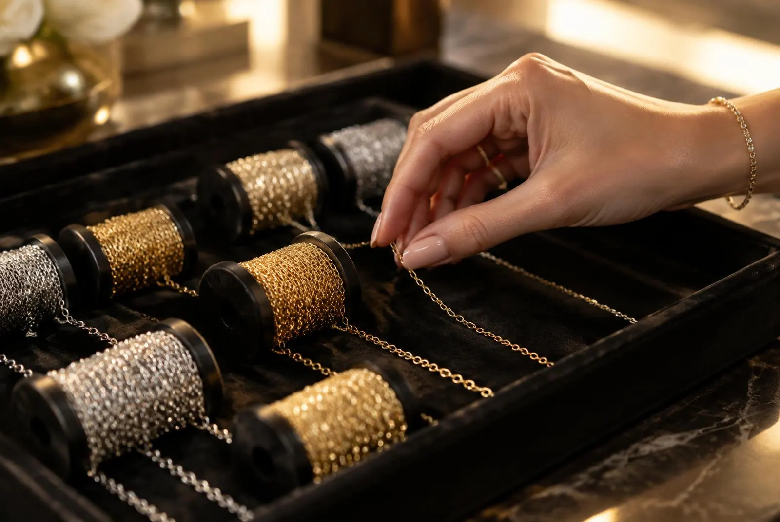 Hand choosing among chain spools on a velvet tray