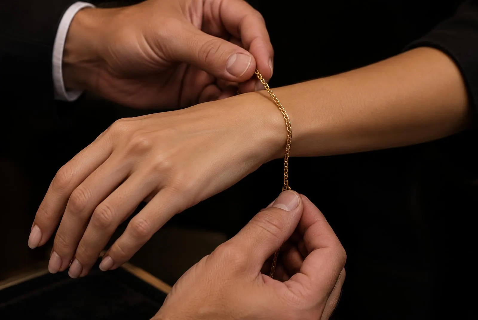 Fine gold chain being measured around a wrist