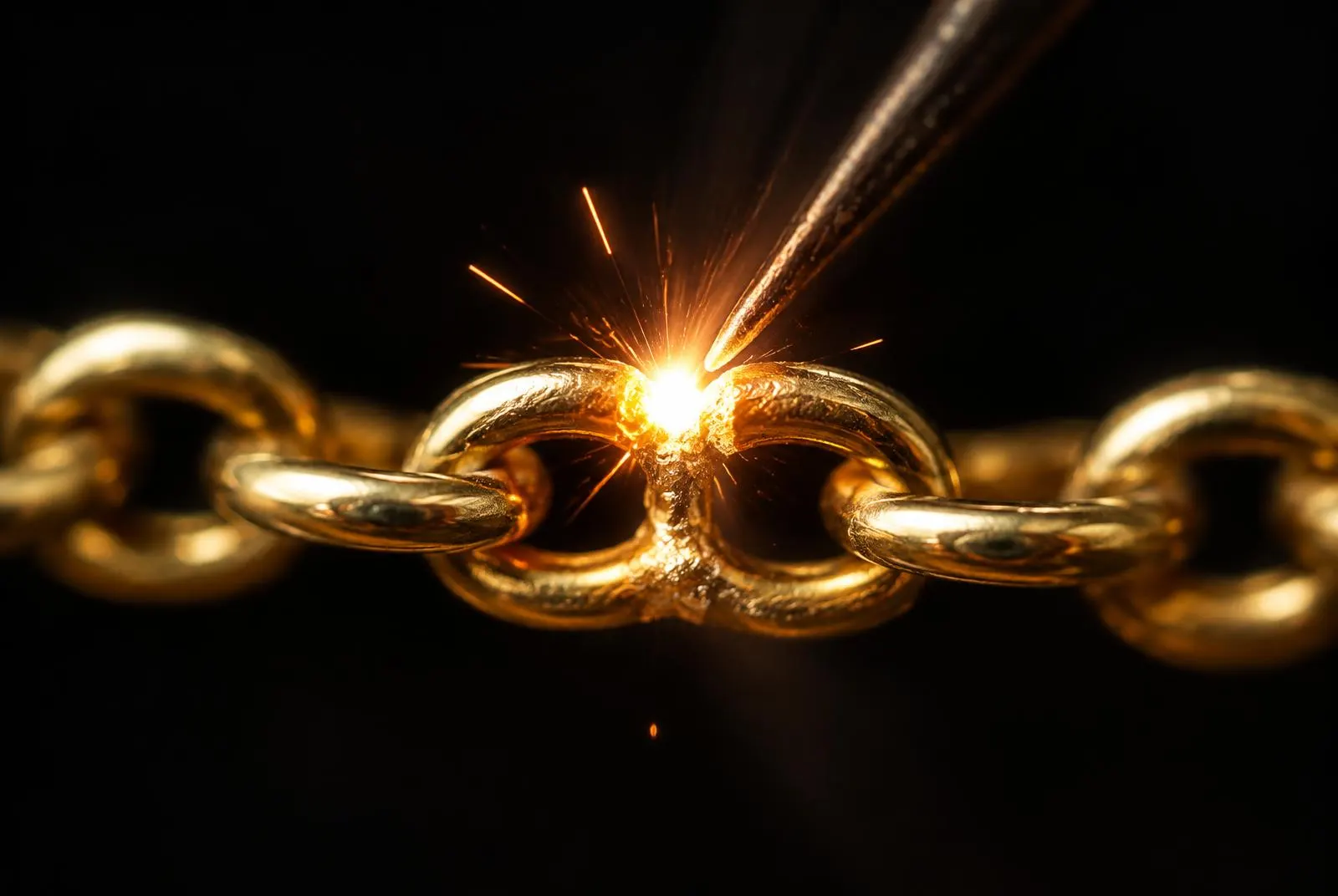 Tiny weld spark joining a gold chain link