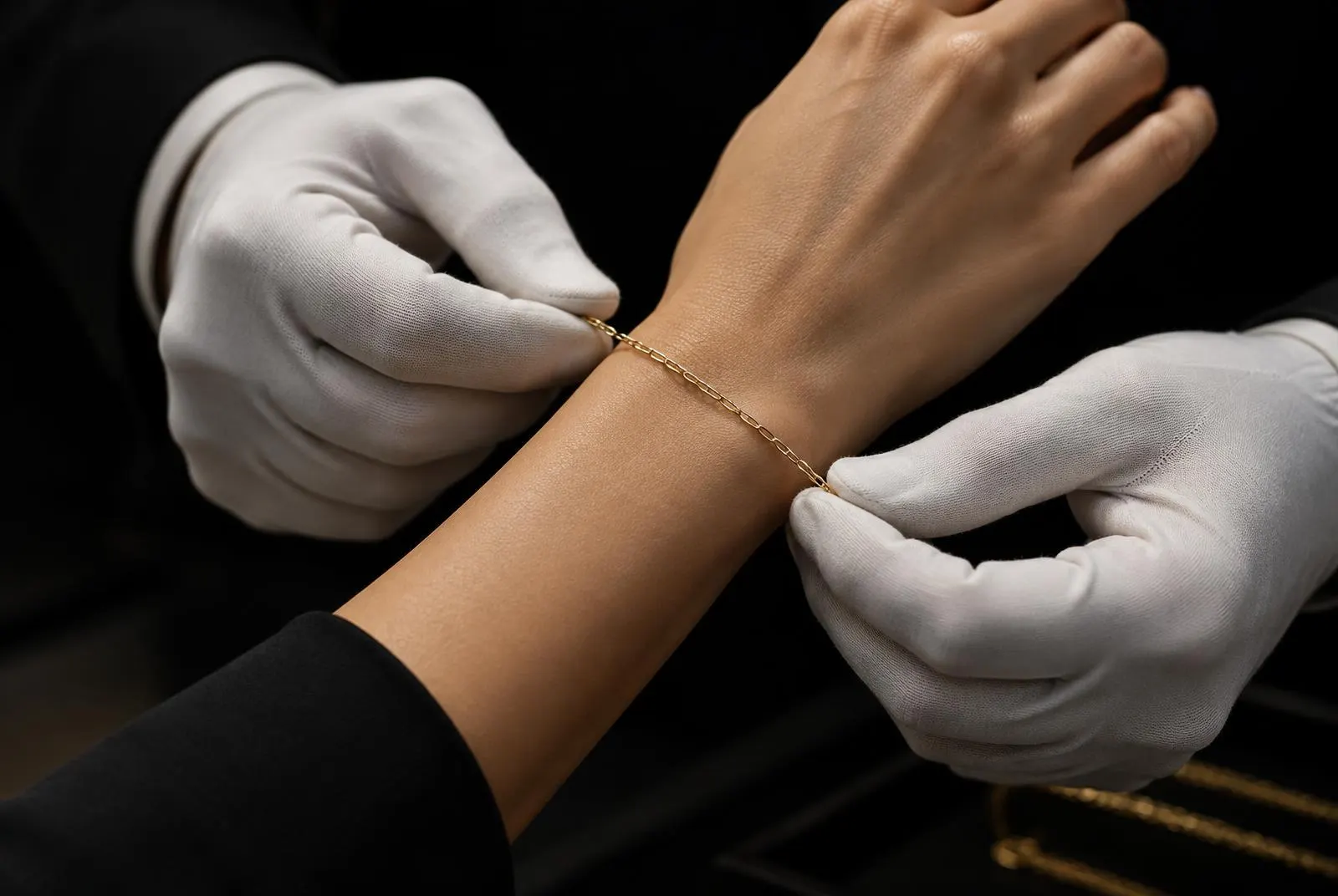 Fine gold chain bracelet being fitted on a wrist