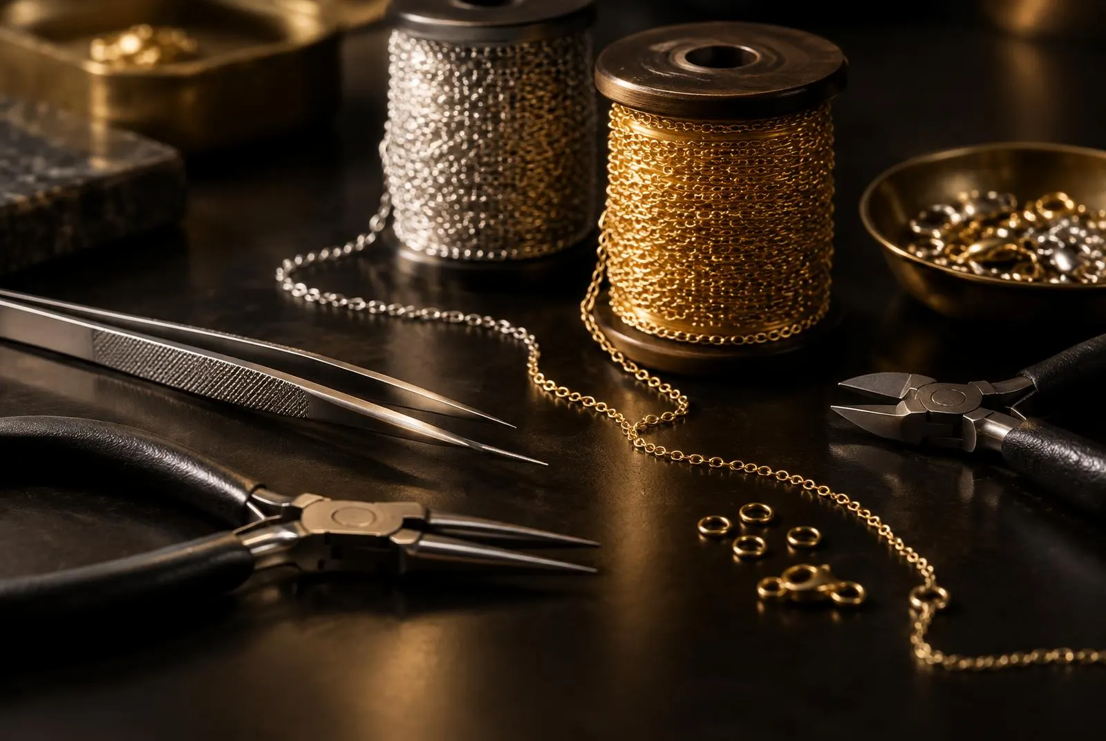 Jeweler tools and chain spools on a black surface